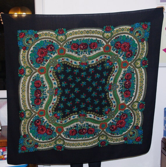 Huge Black Russian Shawl Pavlovo Posad shawl Ukrai