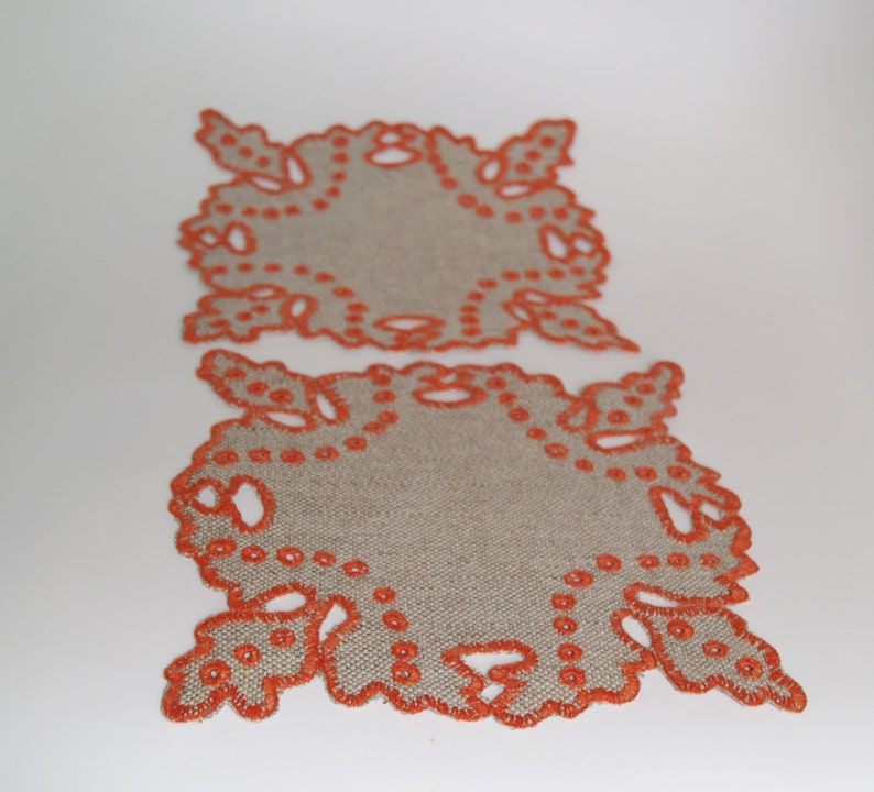 2 Polish Square Richelieu Linen Traycloths Doily Vintage Crochet