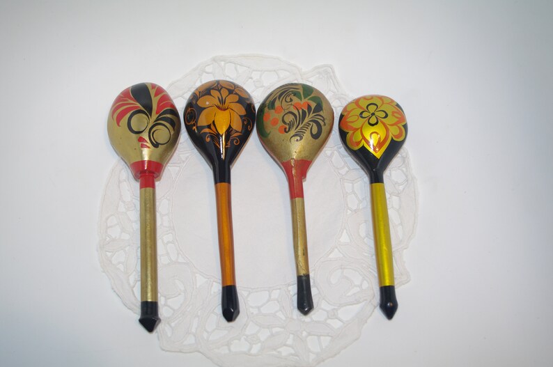 Set of 4 Russian Wooden Spoons Black Golden Khokhloma painting Handmade Spoon Rest Soviet Russian national ornament vintage Russian Folk Art image 4