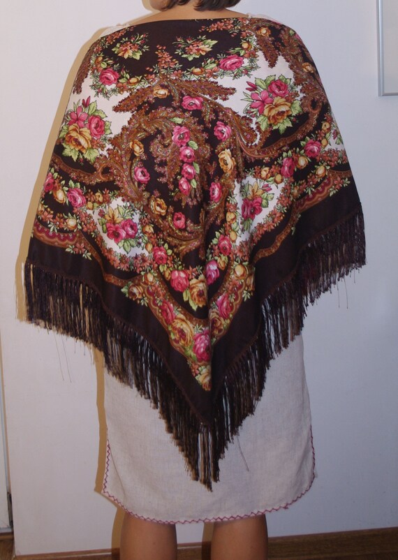 Huge brown floral shawl with fringes Polish shawl… - image 5