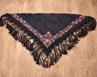 Black triangle embroidery piano shawl with embroidered flowers MAYTO Kalocsa Folk Art Hungarian embroidery Elegant Shawl Folk Tassels