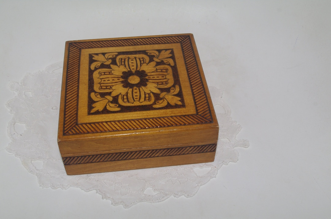 Polish Wooden Jewelry Box Ornament Wood Box Brass Inlay Trinket Box Flowers Hand Tooled Handmade