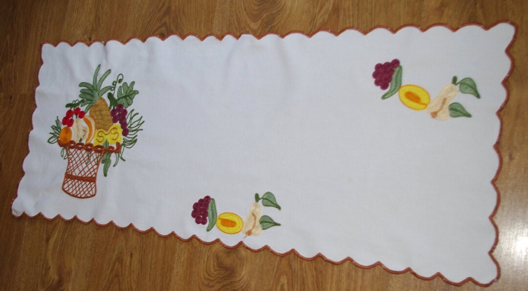 Polish White Embroidered Table Runner Basket Exotic Fruit Table Linen Tablecloth Embroidery