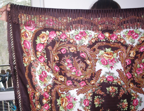 Huge brown floral shawl with fringes Polish shawl… - image 2