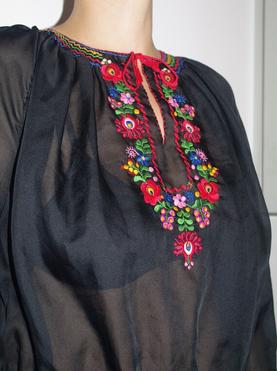 Sheer Black Peasant Blouse Embroidered Top Ethnic 