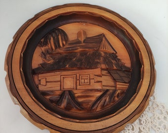 Hand carved Brown Wooden Plate Folksy Wood Pyrography Polish Decorative Round Ornament Plate traditional wall hanging mountains landscape