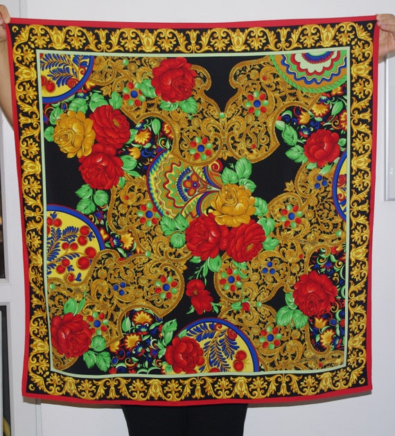 RARE Beautiful patterned vintage scarf Silk Black… - image 1