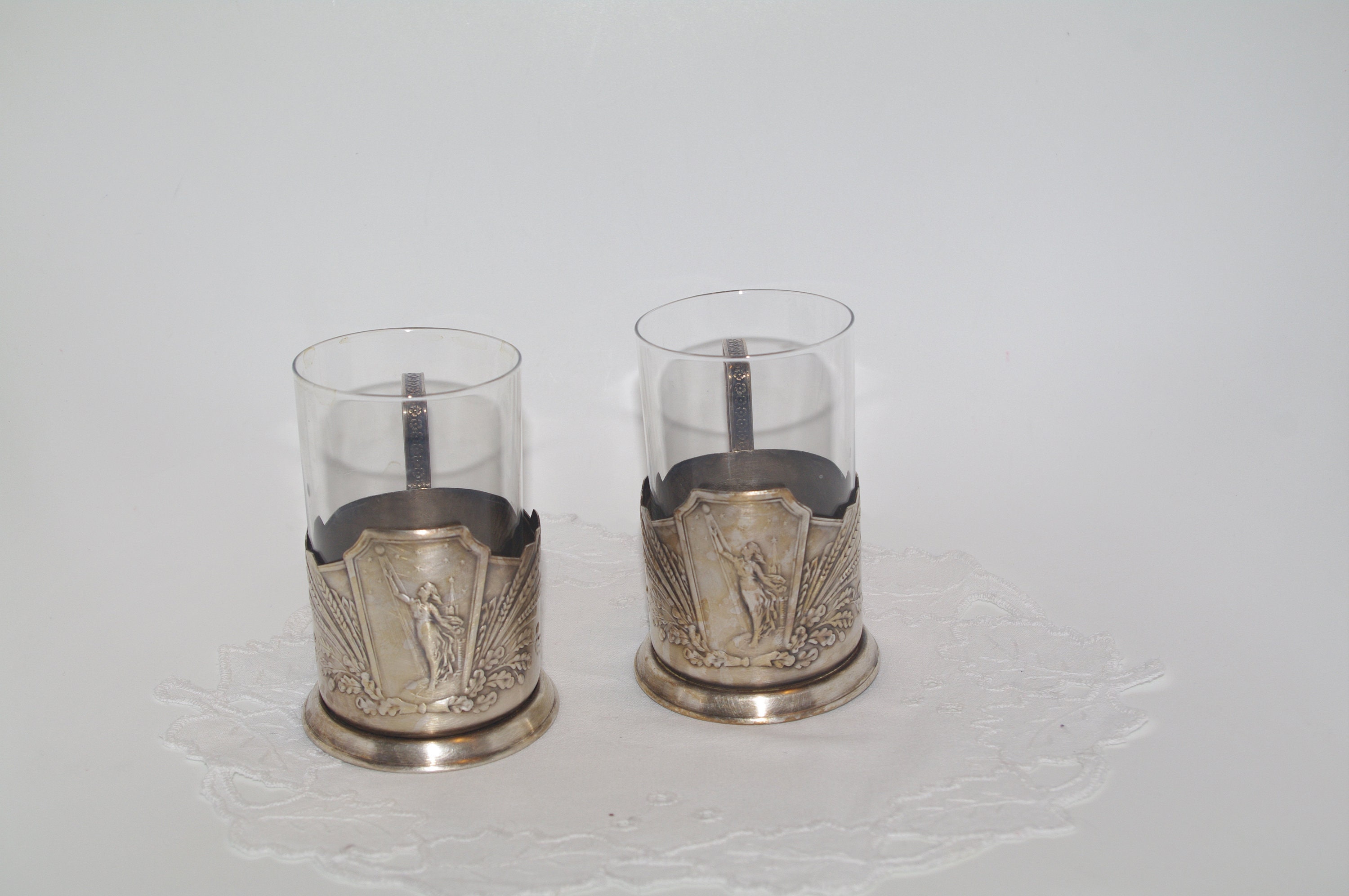 Set of 2 Vintage Russian Soviet Tea Cup Glass Holders USSR Podstakannik Set of 2 Vintage Russian Soviet Tea Cup Glass Holders USSR Podstakannik