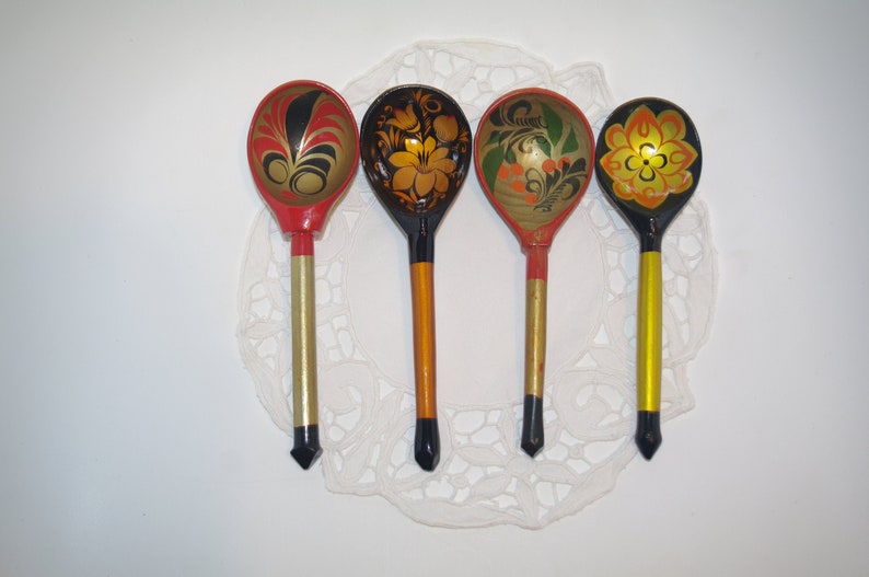 Set of 4 Russian Wooden Spoons Black Golden Khokhloma painting Handmade Spoon Rest Soviet Russian national ornament vintage Russian Folk Art image 1