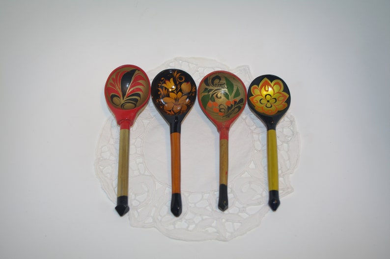 Set of 4 Russian Wooden Spoons Black Golden Khokhloma painting Handmade Spoon Rest Soviet Russian national ornament vintage Russian Folk Art image 6