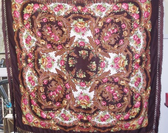 Huge brown floral shawl with fringes Polish shawl Vintage Russian Shawl Ukrainian Shawl Folk Shawl with Tassels Shawl with Fringes Roses