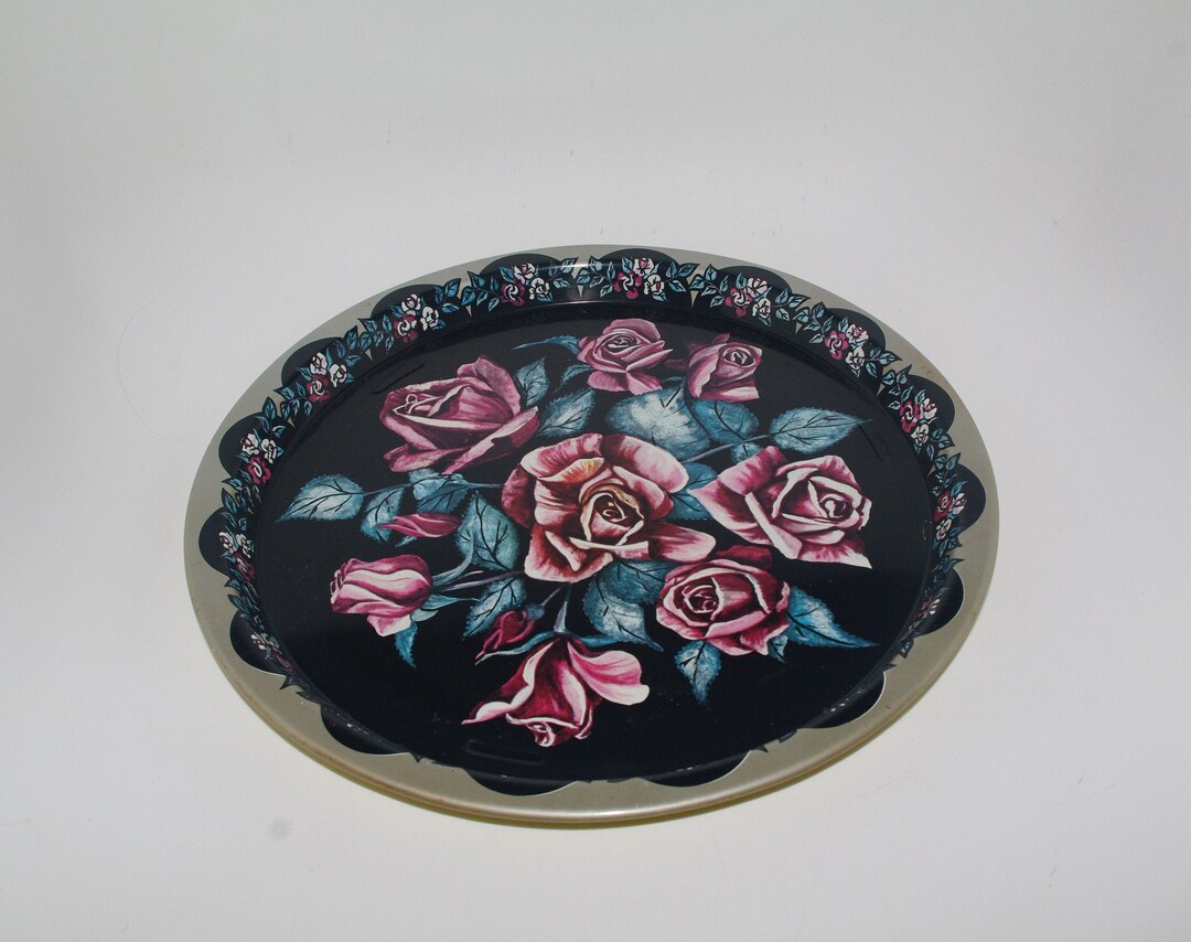 Soviet Enamel Tray Platter Polish Enamel Dish Serving Tray Black Tray