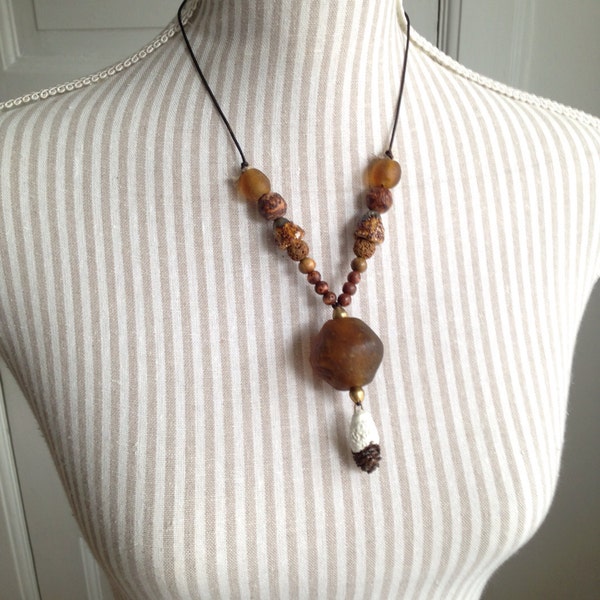 Dream Big - Tribal Elven Statement Pine Cone Lava Ceramic Seed Recycled Glass Hemp Necklace
