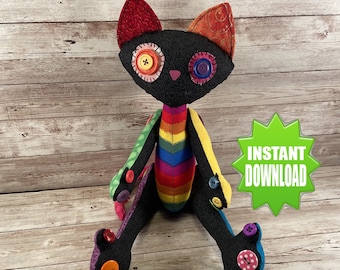 Cat Sewing Pattern, Sewing Pattern, Plush Pattern, Toe Beans Pattern, Kitty Doll Pattern, Halloween, Sewing, PDF Download, Rainbow Cat