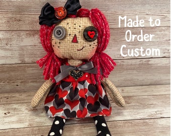 Primitive Hand Painted Rag Doll with Yarn Hair and Button Eyes