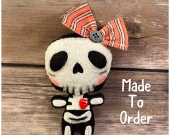 Handstitched Mini Felt Skeleton Art Doll with or without Bow