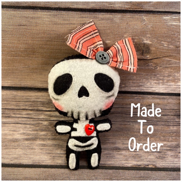 Handstitched Mini Felt Skeleton Art Doll with or without Bow