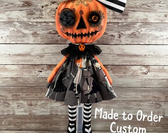 Primitive Hand Painted Halloween Pumpkin Doll with Skirt and Hair Bow