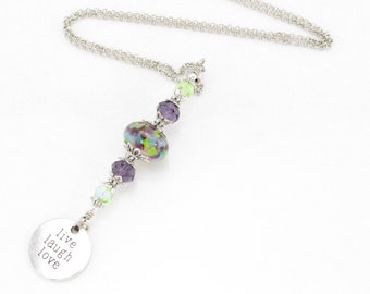 Live Laugh Love Necklace, Purple Green Lampwork Necklace, Spring Necklace, Summer Necklace, Artisan Lampwork Jewelry, Inspiration Jewelry