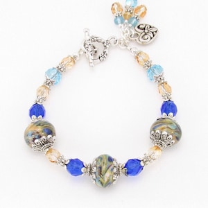 Champagne, Gold and Blue Lampwork Bracelet, Beaded Bracelet, SRA Lampwork Glass Beads, Lampwork Bead Jewelry, Special Occasion Jewelry