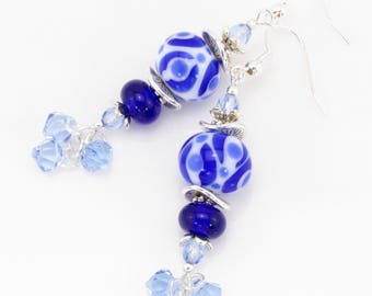 Blue Lampwork Earrings, Geo Blue Dangle Earrings, Blue Beaded Earrings, Artisan Lampwork Glass, Lampwork Beads