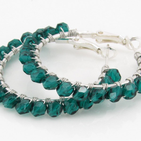 Emerald Hoop Earrings, Green Beaded Earrings, Czech Glass Beads, Wire-Wrapped Jewelry, Christmas Earrings, St. Patricks Day Earrings