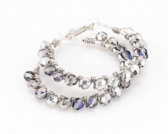 Silver and Blue Hoop Earrings, Blue Beaded Earrings, Czech Glass Beads, Wire-Wrapped Jewelry, Flashy Earrings, New Year's Eve Jewelry