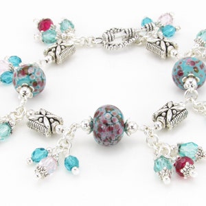 Verdigris and Rose Lampwork Charm Bracelet, Aqua and Fuchsia Beaded Bracelet, Artisan Lampwork Glass Beads, Lampwork Bead Jewelry, Teal Pink
