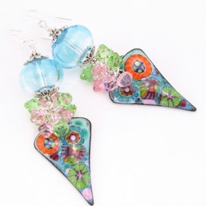 Bold Blue Dangle Earrings, Unique Statement Earrings, Artisan Lampwork Glass, Lampwork Beads, Blue, Green, Pink Beaded Earrings, Garden, Sky
