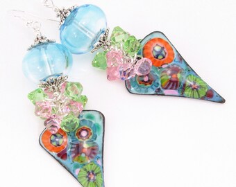 Bold Blue Dangle Earrings, Unique Statement Earrings, Artisan Lampwork Glass, Lampwork Beads, Blue, Green, Pink Beaded Earrings, Garden, Sky