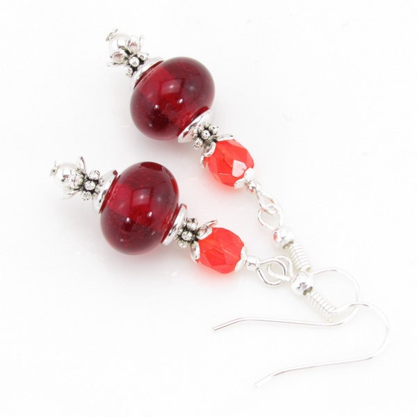 Ruby Red and Orange Lampwork Earrings, Red Lampwork Jewelry, Red Beaded Earrings, Orange Beaded Earrings, Artisan Lampwork Glass