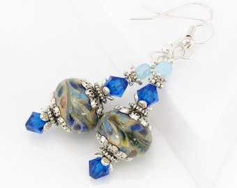 Dreamy Blue Lampwork Earrings, Artisan Lampwork Jewelry, Blue Beaded Earrings, SRA Lampwork Glass, Czech Glass Beads, Lampwork Beads