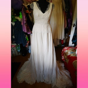 French Lace and Powder Peach Crinkled Chiffon Gown Wedding dress