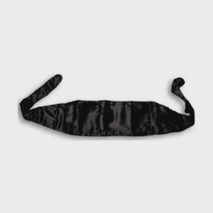 May include: A black satin durag, designed to protect hair and maintain hairstyles. The durag is made of a shiny, smooth fabric and features long, tapered ties on each end for securing around the head.