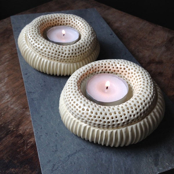 Set of 2 handmade, off-white ceramic tea light candle holders