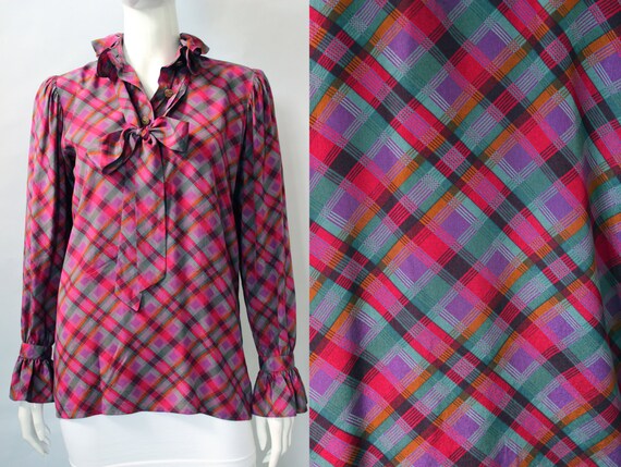 Yves Saint Laurent 1970s Plaid Silk Necktie Blouse