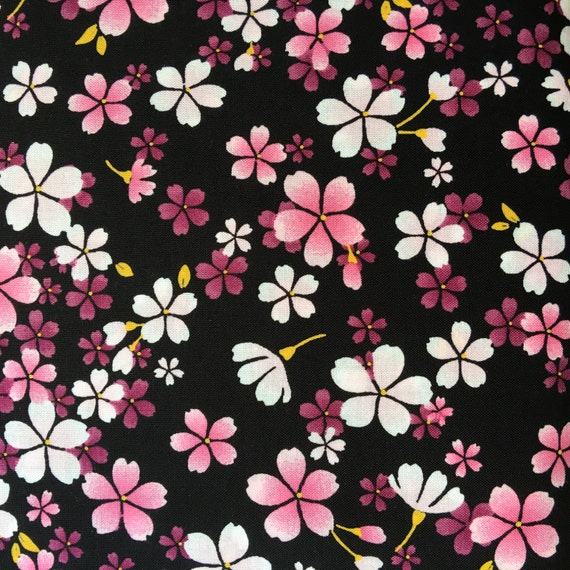 108cm x 55cm Scrap Japanese Kimono Fabric Yuwa Sakura Cherry Blossoms on Black su181130 42.5W x 21.5L