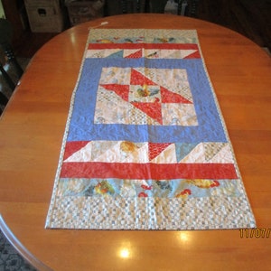 Quilted blue table runner  chickens  farm theme