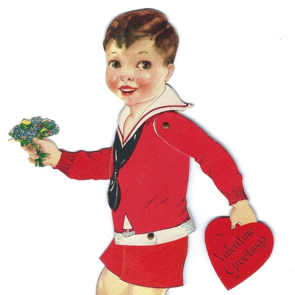 Antique Mechanical Die Cut Valentine Boy with Flowers and Heart in a Sailor Suit, Rare Valentine Circa 1940s, Gift for Valentine Collector