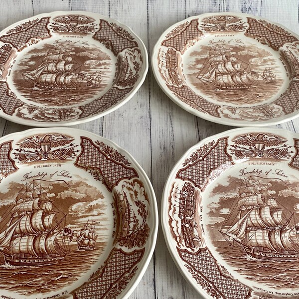 Brown and White Transferware Set of Four Dinner Plates, Alfred Meakin Fair Winds Brown Friendship Salem Pattern, England, Dishwasher Safe