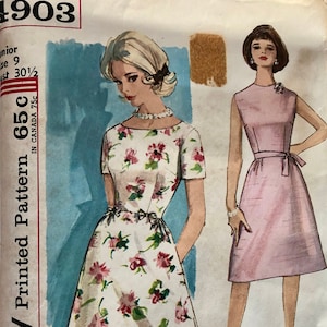 Vintage Simplicity Sewing Pattern 4903 Dress Knee Length Sleeveless or Short Sleeve Flared Skirt Complete Junior Size 9 1960 Vintage Pattern