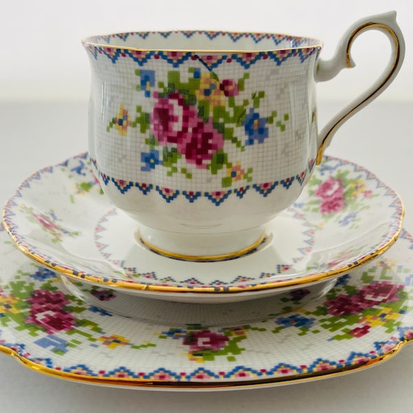 Royal Albert Petit Point Tea Cup Saucer and Plate Dessert Set, Three Pieces in A Beautiful Pink and Blue Floral Pattern English Bone China