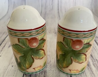 Fitz and Floyd Sonoma Pattern Salt and Pepper Shaker Set Coral & Green With Leaves and Grapes Pretty Arabesque Pattern Band Unused Condition