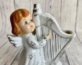 Vintage Christmas Planter Floral Arrangement Angel With Harp in White Silver and Pink Trimmed Vintage MCM Christmas Angel Collectible