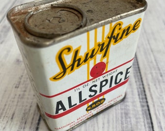 Vintage Shurfine Allspice Spice Tin, Red and White Kitchen Farmhouse Style Decor, Kitchen Advertising Tin