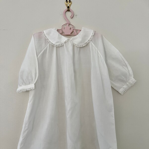 Vintage White Cotton Batiste Baby Dress With White Floral Embroidery, Lace Trim and Three Quarter Sleeves, Peter Pan Collar, Button Back