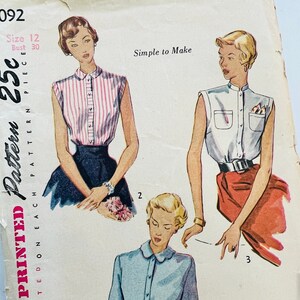 Vintage Simplicity Blouse Sewing Pattern 3092 Copyright 1949 Misses ...
