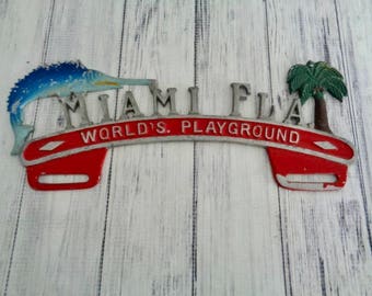 Vintage Miami Florida License Plate Topper, Sailfish and Palm Trees, Florida Travel Souvenir, Transportation Collectible Christmas Gift Idea