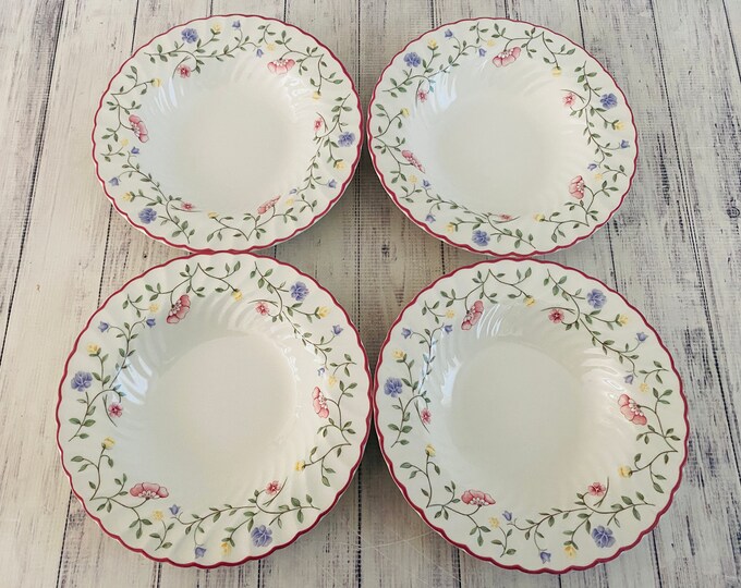 Johnson Brothers Summer Chintz Set of Four Rimmed Soup Bowls, Pink and White Floral Pattern