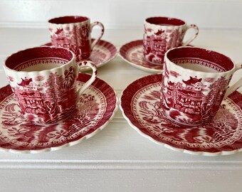 Vintage Red White Copeland Spode Mandarin Pink Set of Four Demitasse Cups and Four Saucers English Red Ironstone Transferware Old Red Stamp